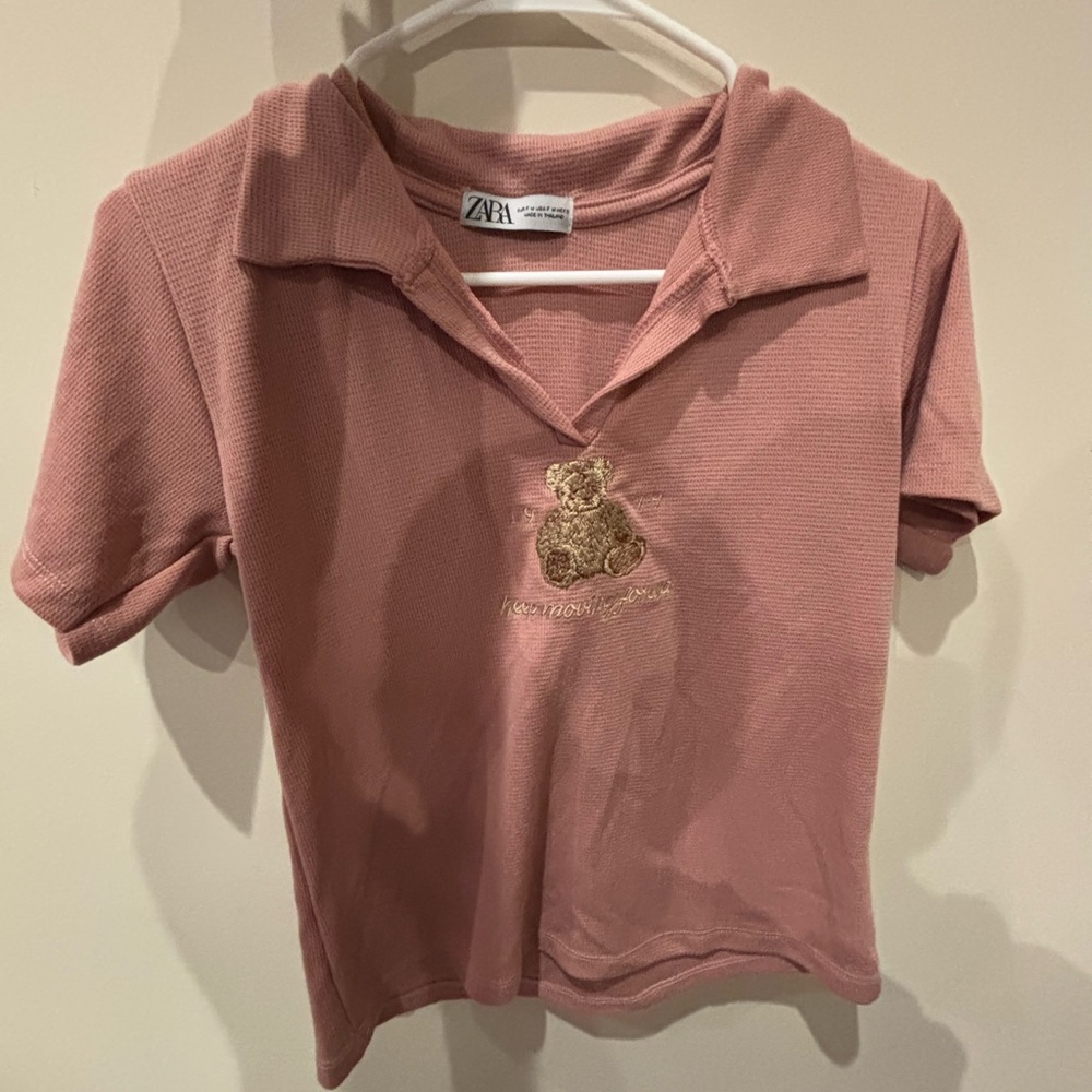 NWOT: Zara Pink Collar Neck Bear Embroidered Soft Short Sleeve Tee